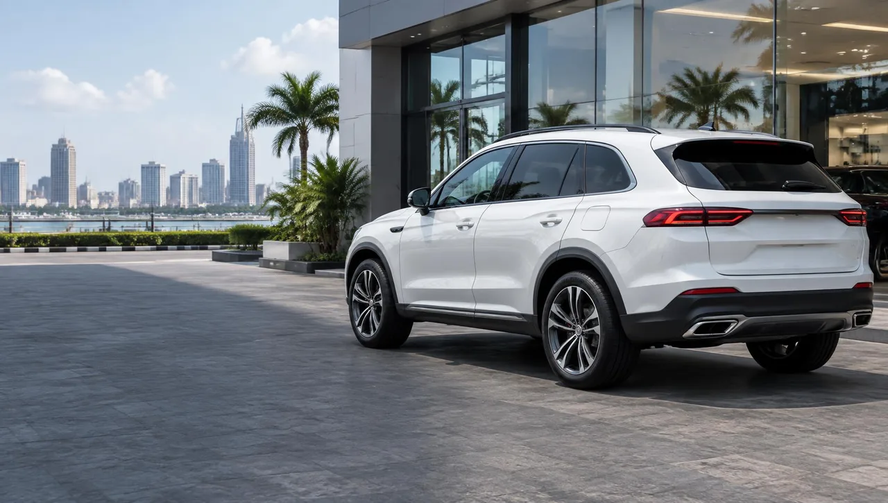 Premium SUV outside a modern showroom
